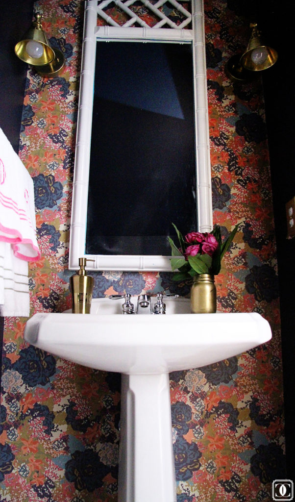 wallpaper, floral wallpaper, floral powder room, brass lighting, monogram towels