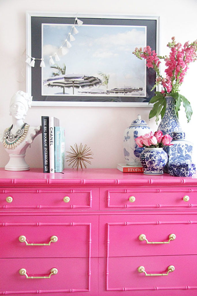 guest room decor, hot pink furniture, DIY dresser, bamboo dresser, blue and white ginger jars 