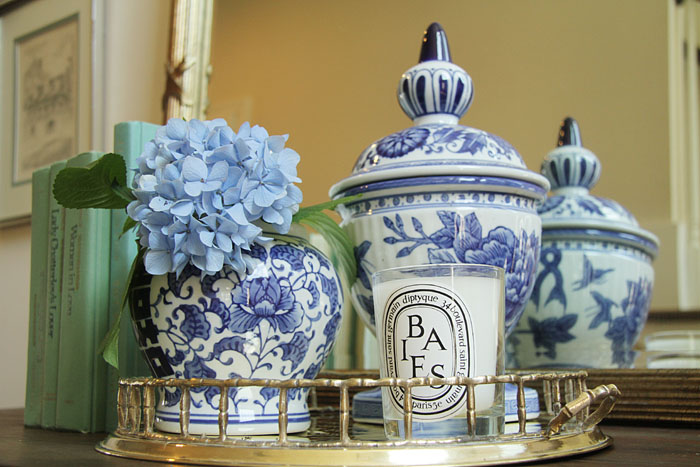 blue and white ginger jars, brass bamboo tray, thrift store upcycle 
