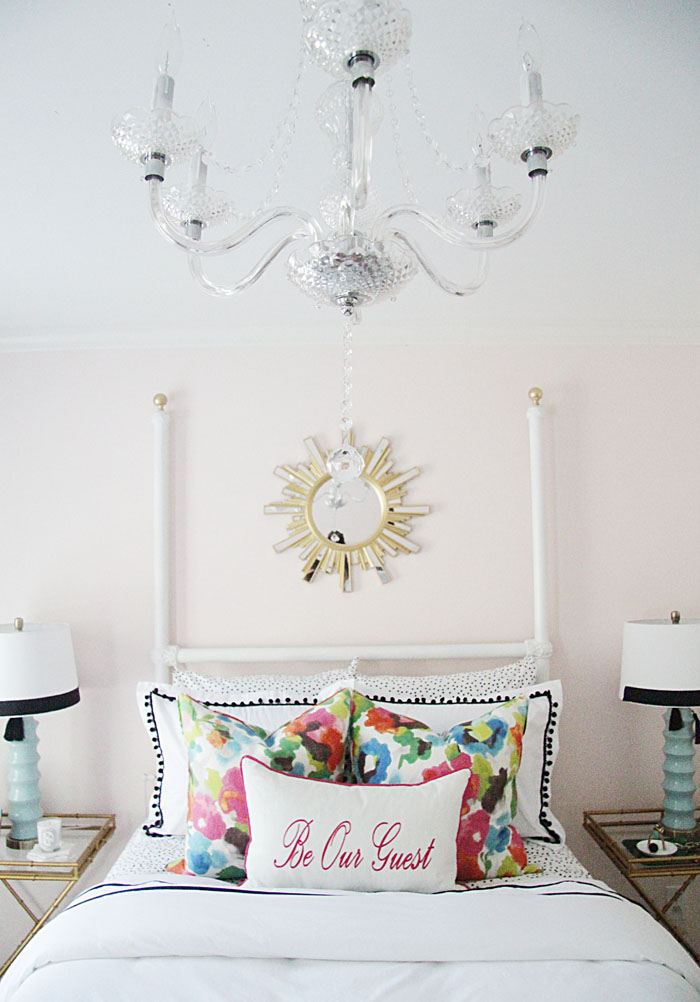 chandelier, sunburst mirror, guest room DIY 