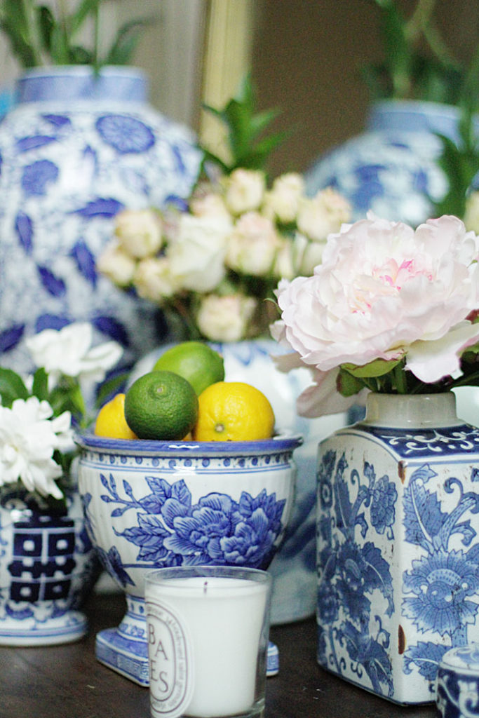 blue and white ginger jars, flower vases 
