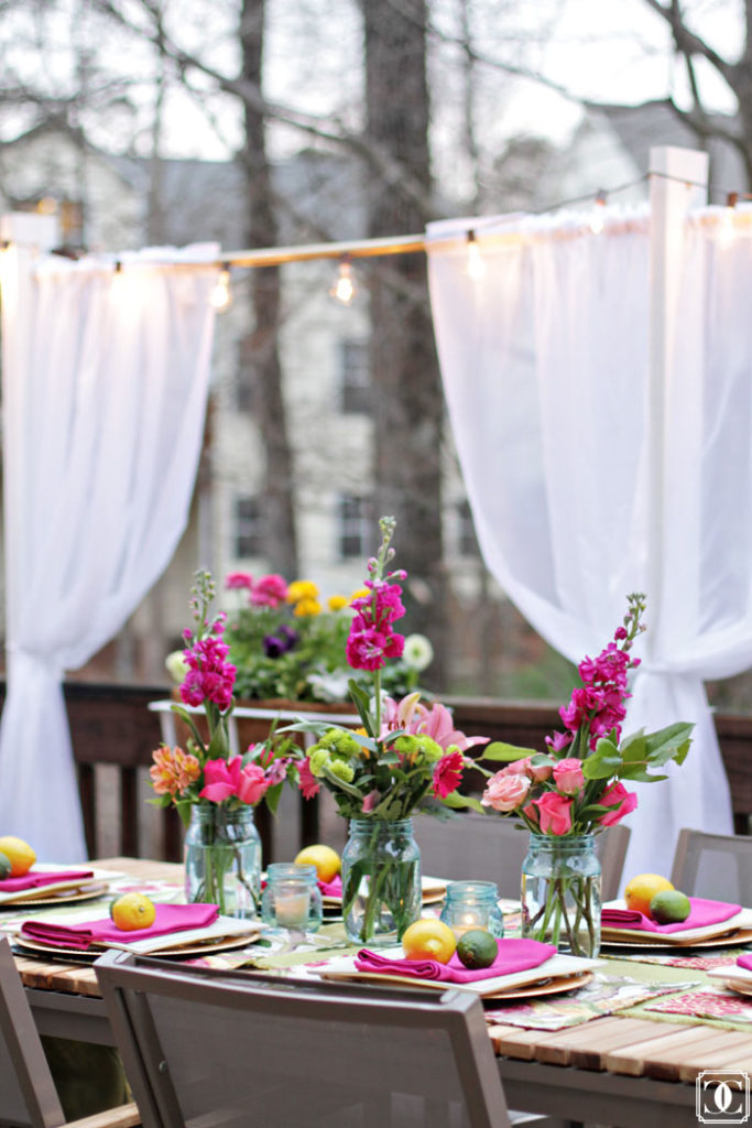 patio decor, summer patio, lemon/lime decor, hot pink table 