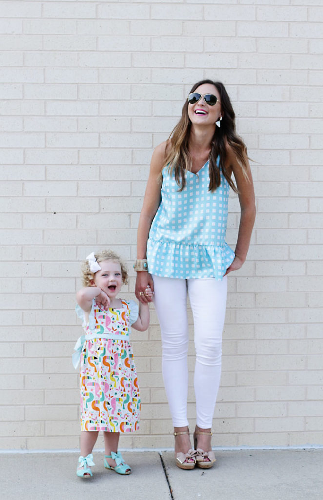 LaRoque, mommy and me, chic mom, plaid shirt, printed dress, white jeans, ray ban