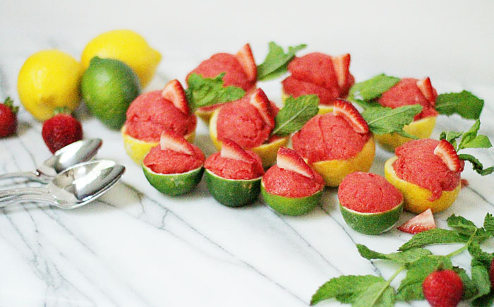 strawberry sorbet, lemon holders, lime holders, DIY sorbet