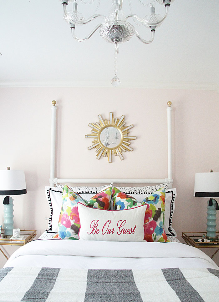One room challenge, guest bedroom, floral pillow, sunburst mirror