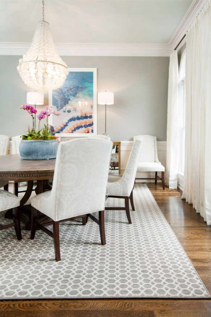 dining room, beach scene, upholstered chairs, orchid, chandelier