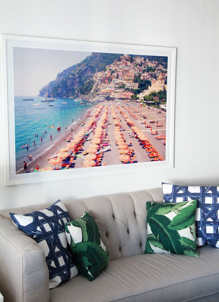 couch, palm print, beach scene, patterned pillow