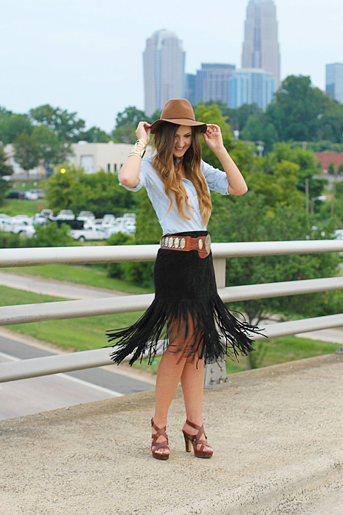 faux suede and faux suede and Fringe Skirt, Boho, Felt Hat, Chambray, Suede