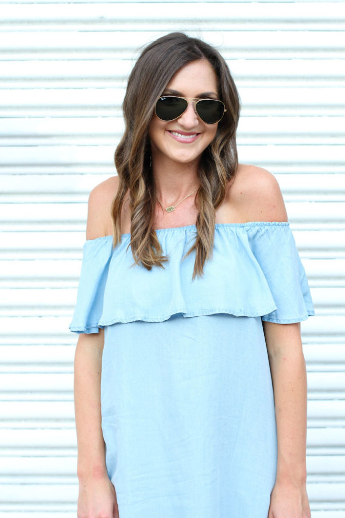 Off the shoulder, chambray dress, burberry shoes, aviators