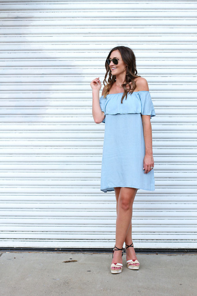 Off the shoulder, chambray dress, burberry shoes, aviators