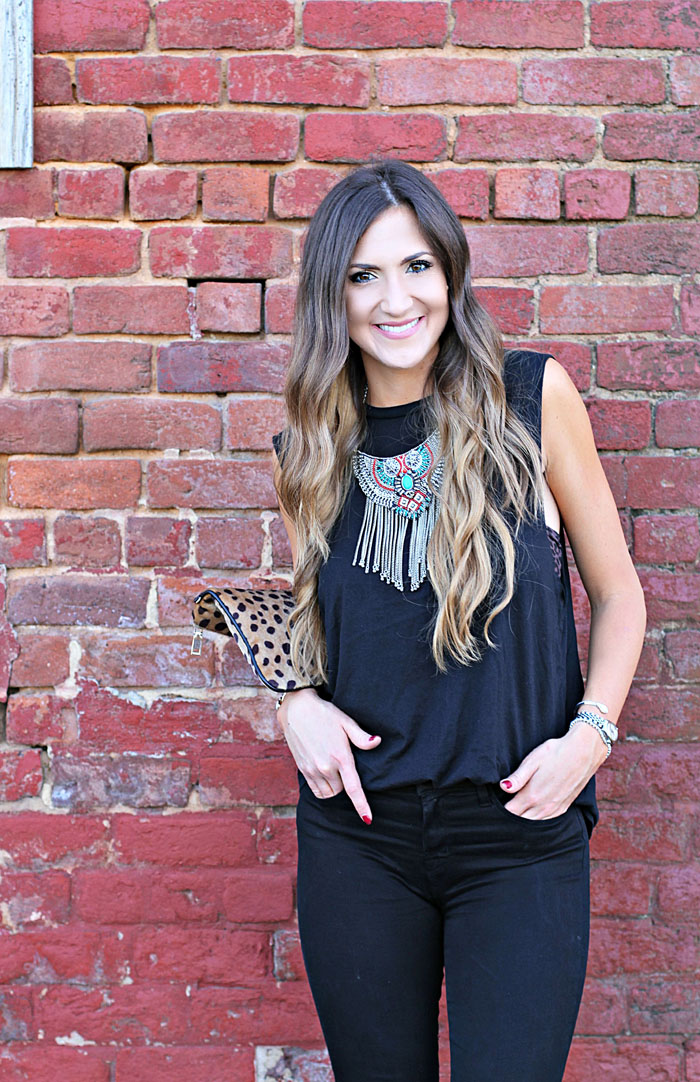 Carbon 38, workout wear, weekend outfit, boho chic, tribal necklace, leopard clutch