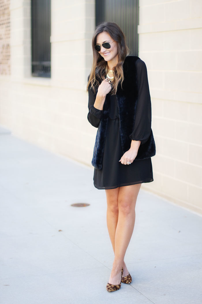 little black dress, fur vest, kendra scott, leopard heels