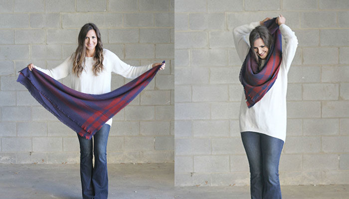 blanket scarf, how to tie a scarf, plaid scarf, tutorial