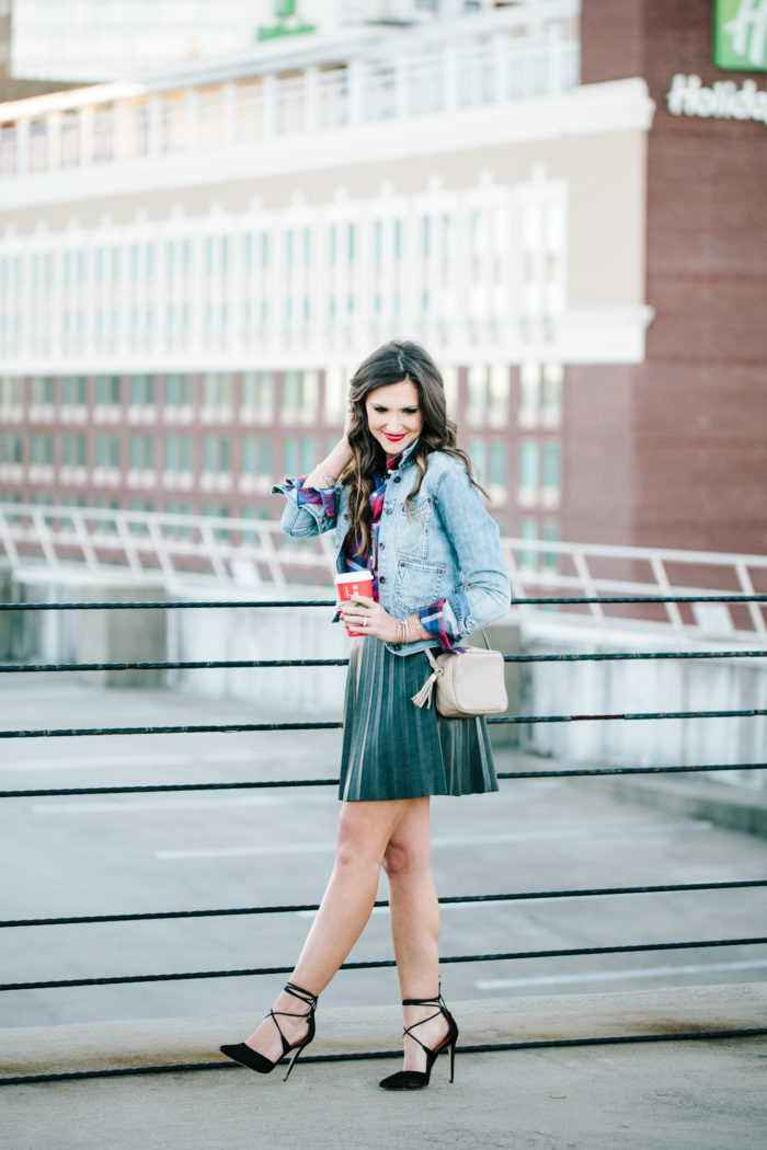 Morrison Smith Jewelers, leather skirt, j. crew, denim jacket, Holiday outfit