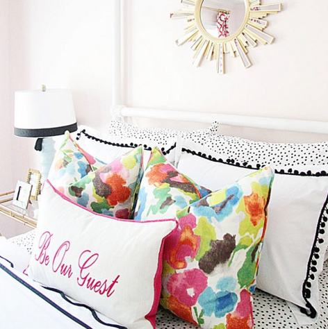 Guest Bedroom, Interior Design, Floral Pillow, Pottery Barn, Sunburst Mirror