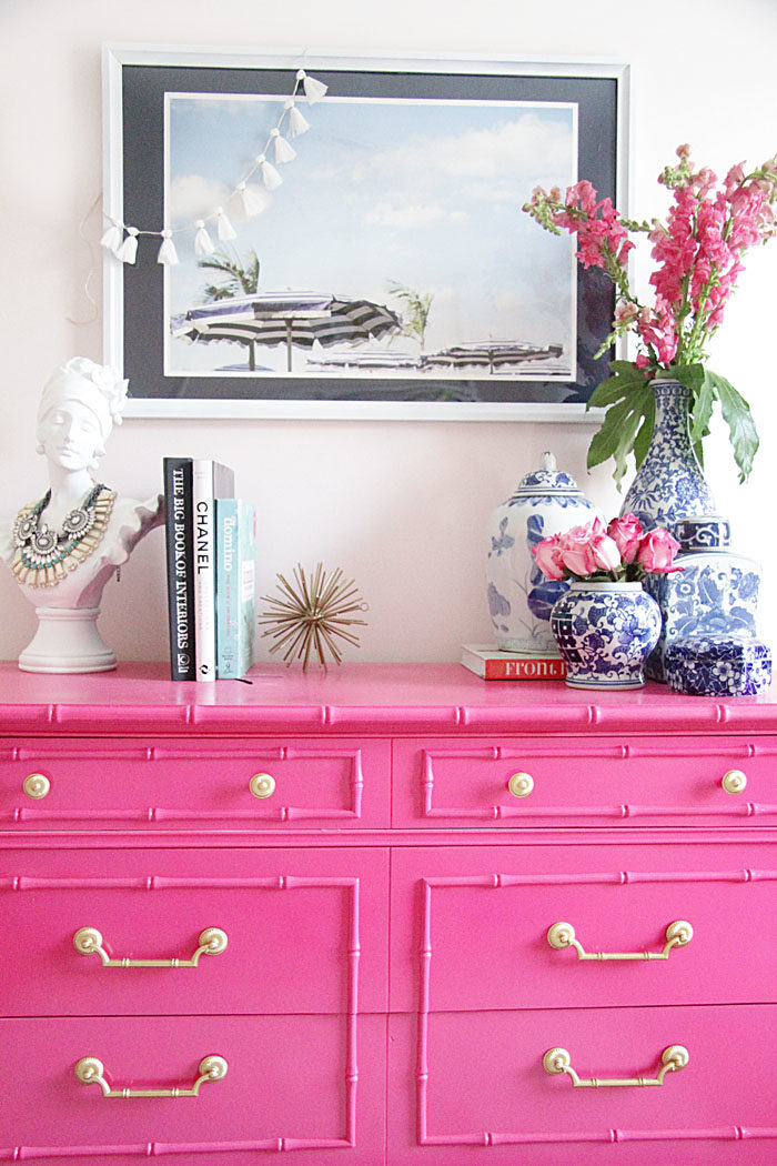 guest room, bamboo, pink chest, ginger jar