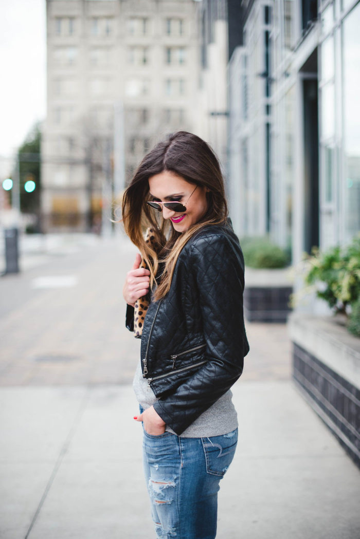 Distressed denim, leather jacket, squash blossom necklace, fashion blogger