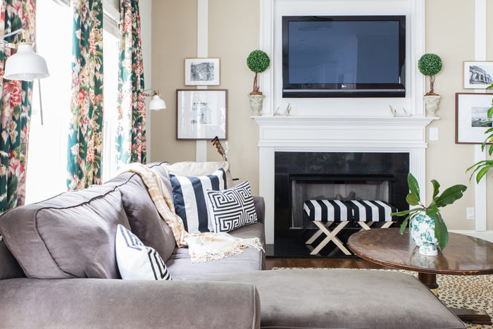 Living Room, Family Room, Leopard Rug, Floral drapes