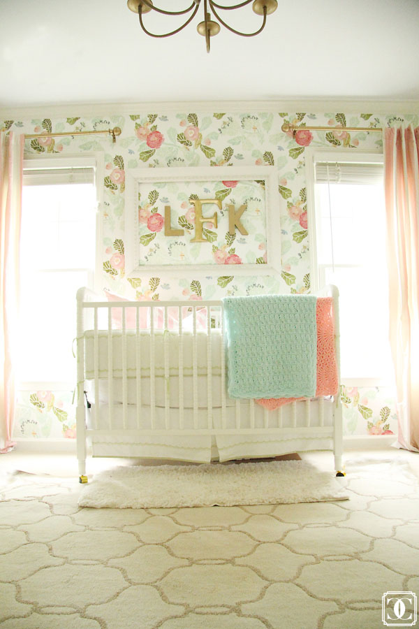 nursery, girl nursery, glam, anthropologie wallpaper, floral wallpaper 