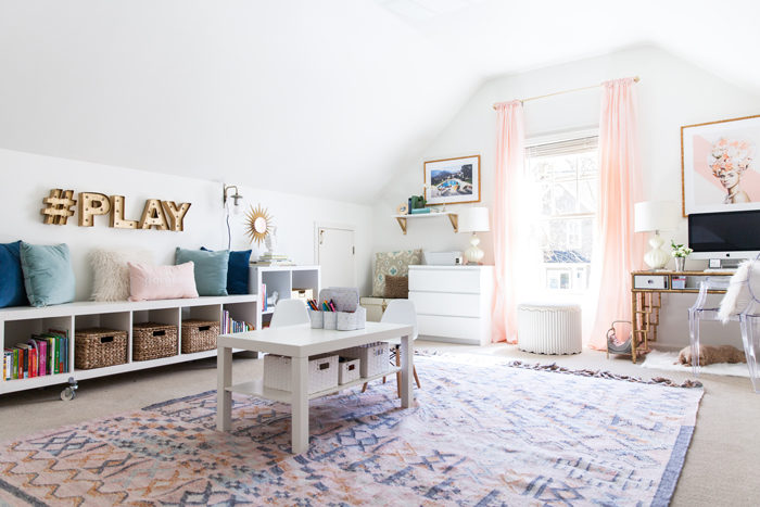 office, playroom, creative space, kilim rug, organization, glam, boho
