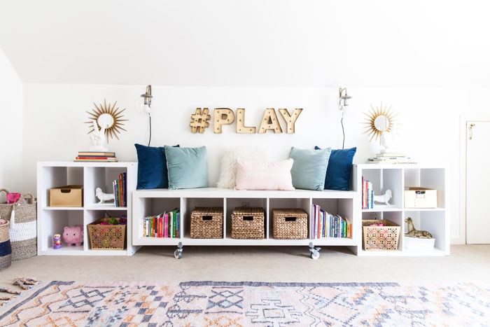 playroom, kids space, stylish playroom, media room, organization, storage - Chic Home Office and Playroom Combination featured by popular Texas lifestyle blogger, Style Your Senses