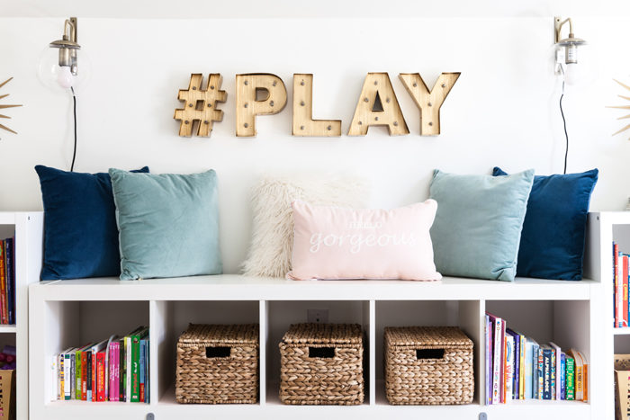 playroom, kids space, stylish playroom, media room, blogger, marquee letters - Chic Home Office and Playroom Combination featured by popular Texas lifestyle blogger, Style Your Senses