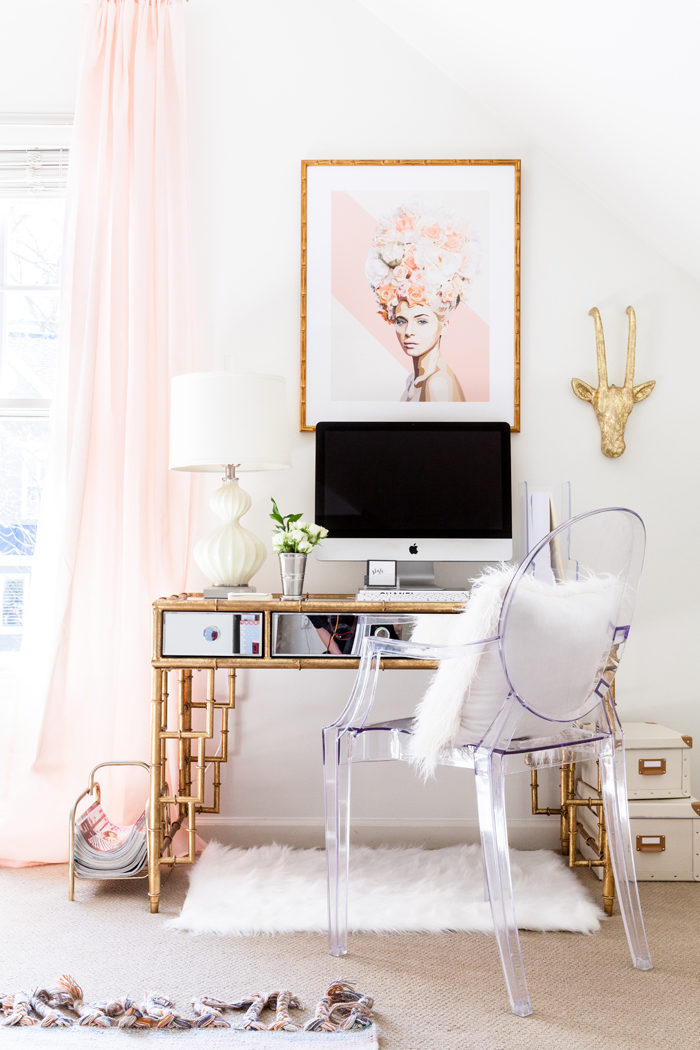 glam office, home office, bamboo desk, blogger office, style your senses - Chic Home Office and Playroom Combination featured by popular Texas lifestyle blogger, Style Your Senses