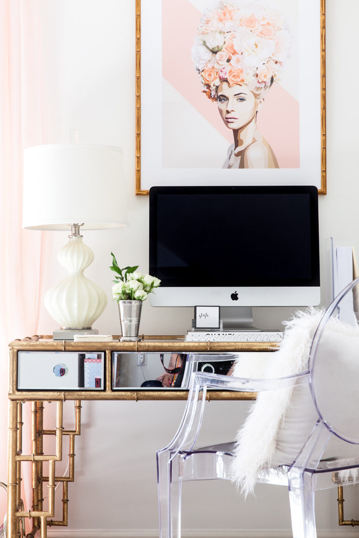 glam office, home office, bamboo desk, blogger office, style your senses - Chic Home Office and Playroom Combination featured by popular Texas lifestyle blogger, Style Your Senses
