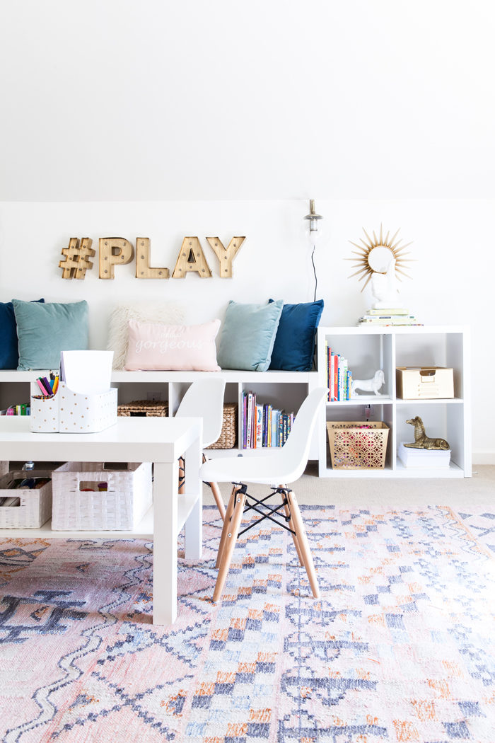 playroom, kids space, stylish playroom, media room, organization, storage, play table - Home Office and Playroom Combination featured by popular Texas lifestyle blogger, Style Your Senses