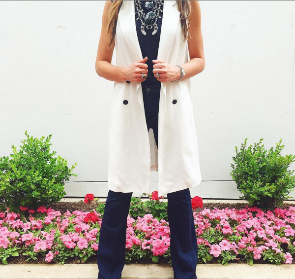 Pair a chic trench vest with flare denim for an easy day to night outfit. 