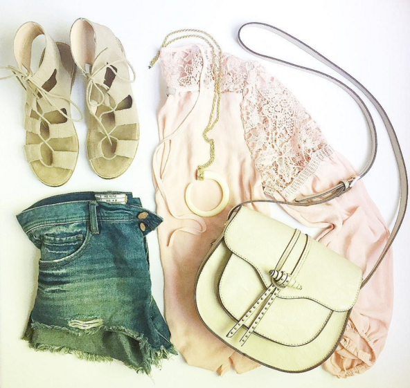 Loving this blush lace top dressed down with gladiator sandals and denim shorts.