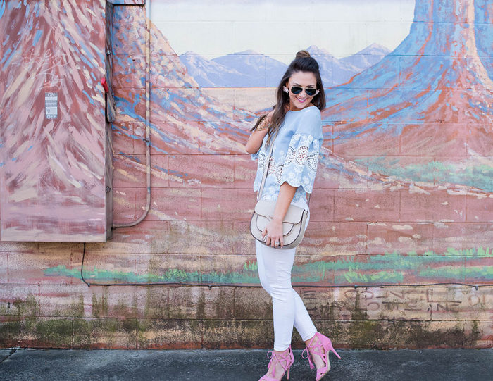 Try pairing this embroidered chambray top with white denim and pink heels for a fun Spring outfit. 