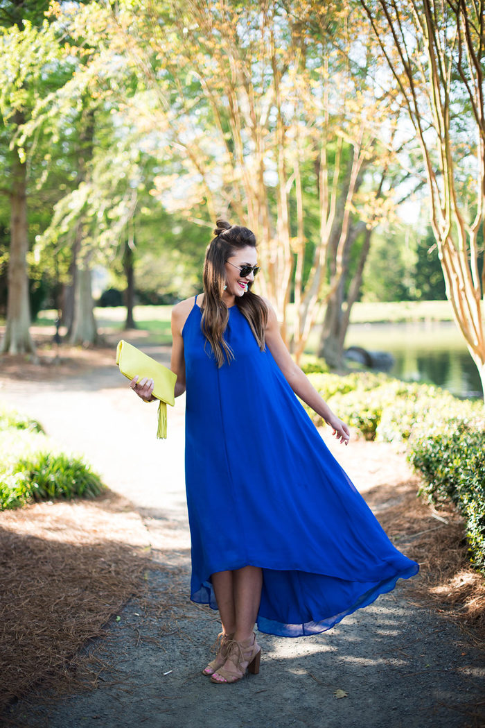 This cobalt blue swing dress is great for summer weddings.