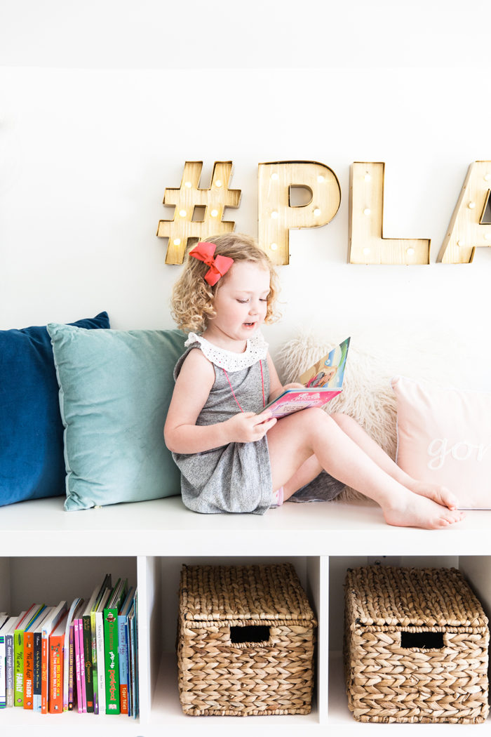Chic playroom with gold marquee letters - Home Office and Playroom Combination featured by popular Texas lifestyle blogger, Style Your Senses