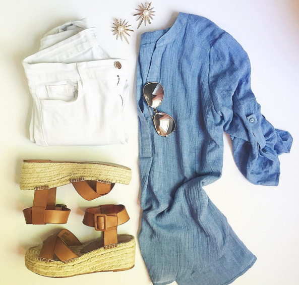 Chambray tunic and white denim are summer staples