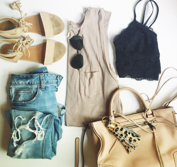 Casual #ootd with a drop arm tank and lace bralette