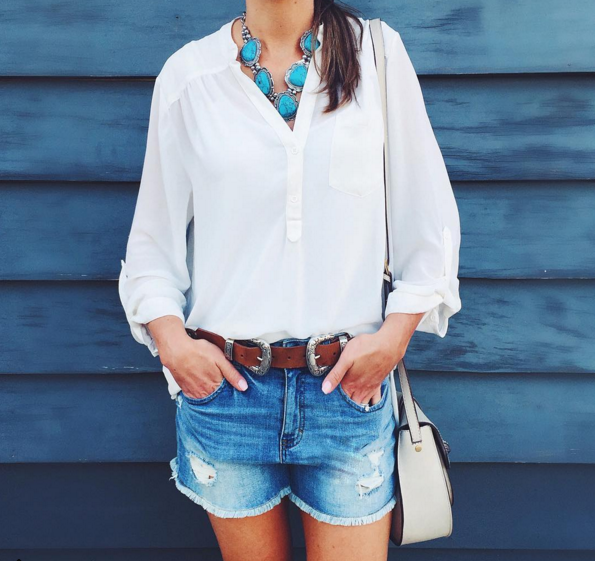 Casual outfit with ivory tunic and denim shorts