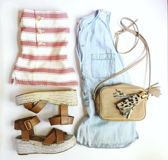 Stripe shorts, chambray tops and flatform sandals