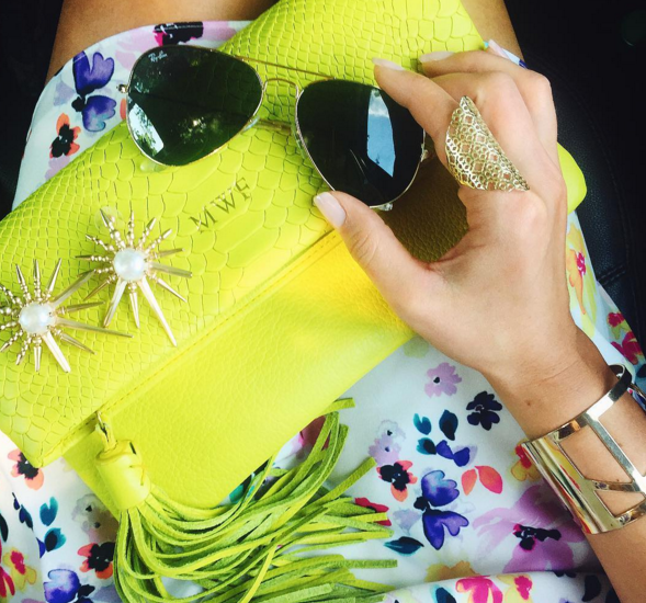 Neon clutch and statement earrings
