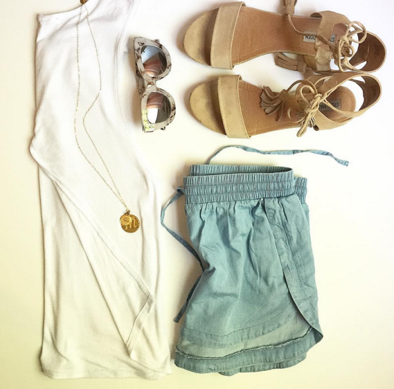 Chambray shorts and white tulip back top