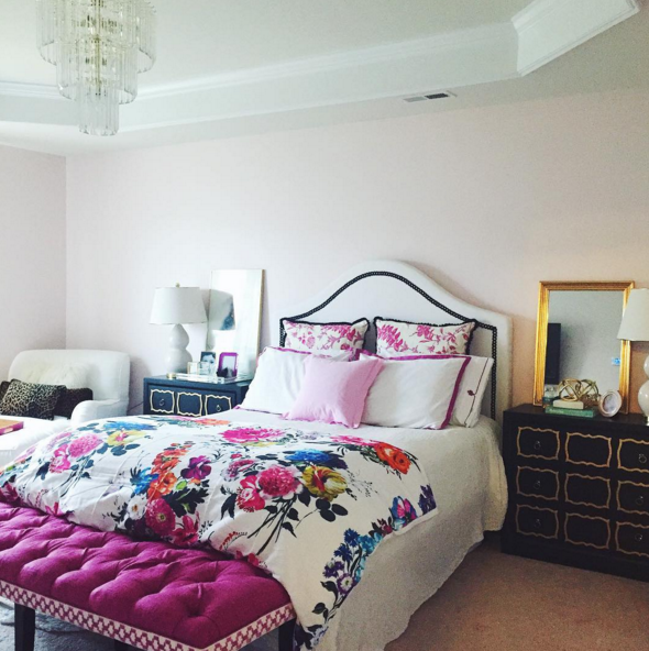 girly and glam master bedroom with designers guild floral