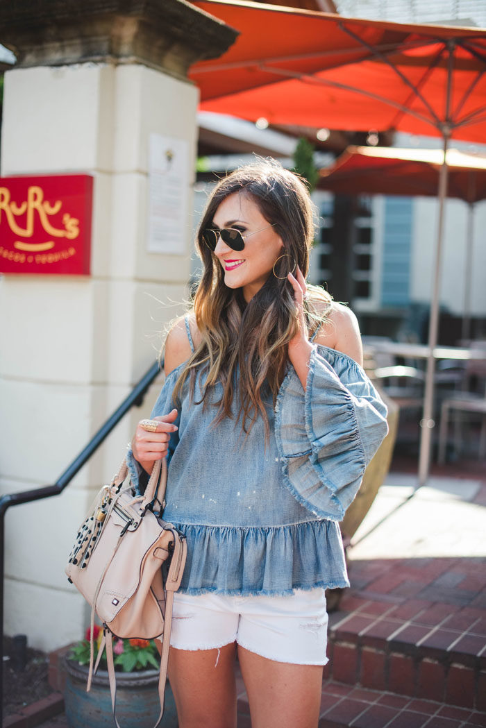 chambray cold shoulder top with white denim shorts