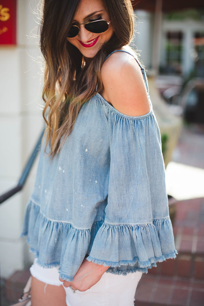 chambray cold shoulder top with white denim shorts