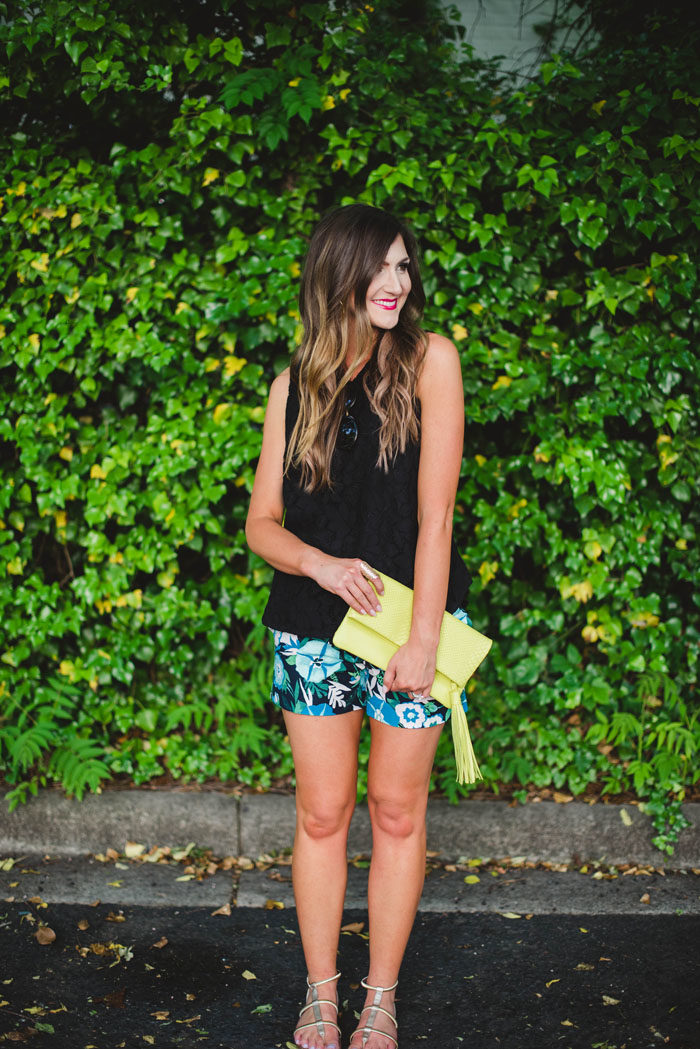 black tank with floral shorts