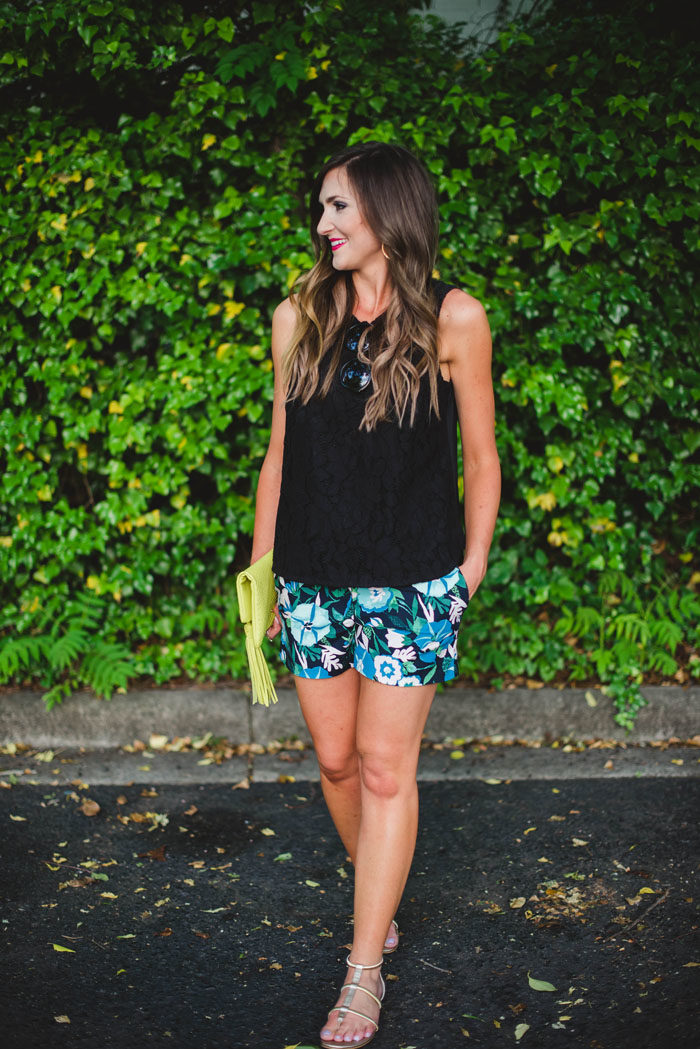 black tank with floral shorts