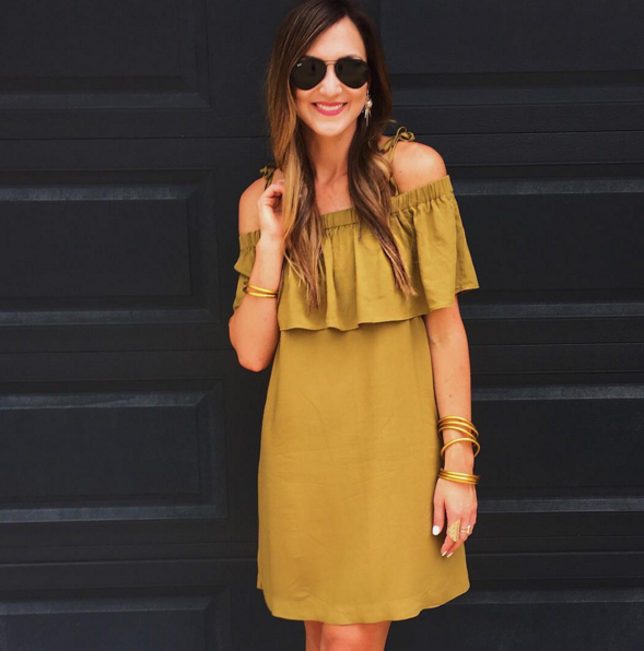 This olive green off the shoulder dress is inexpensive and versatile 