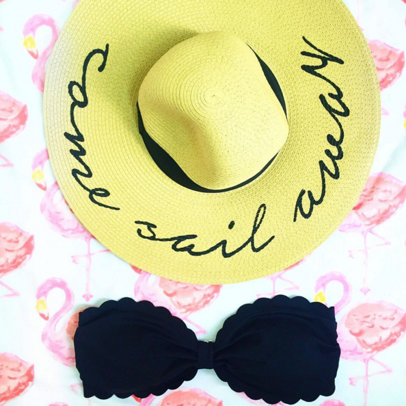 Straw statement hat and scalloped bikini top
