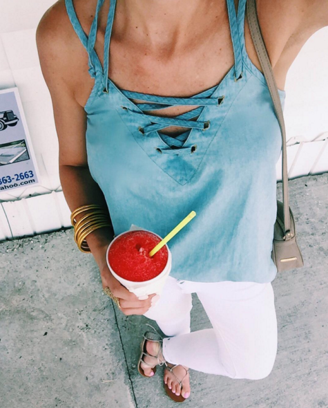 Lace-up chambray tank and white denim