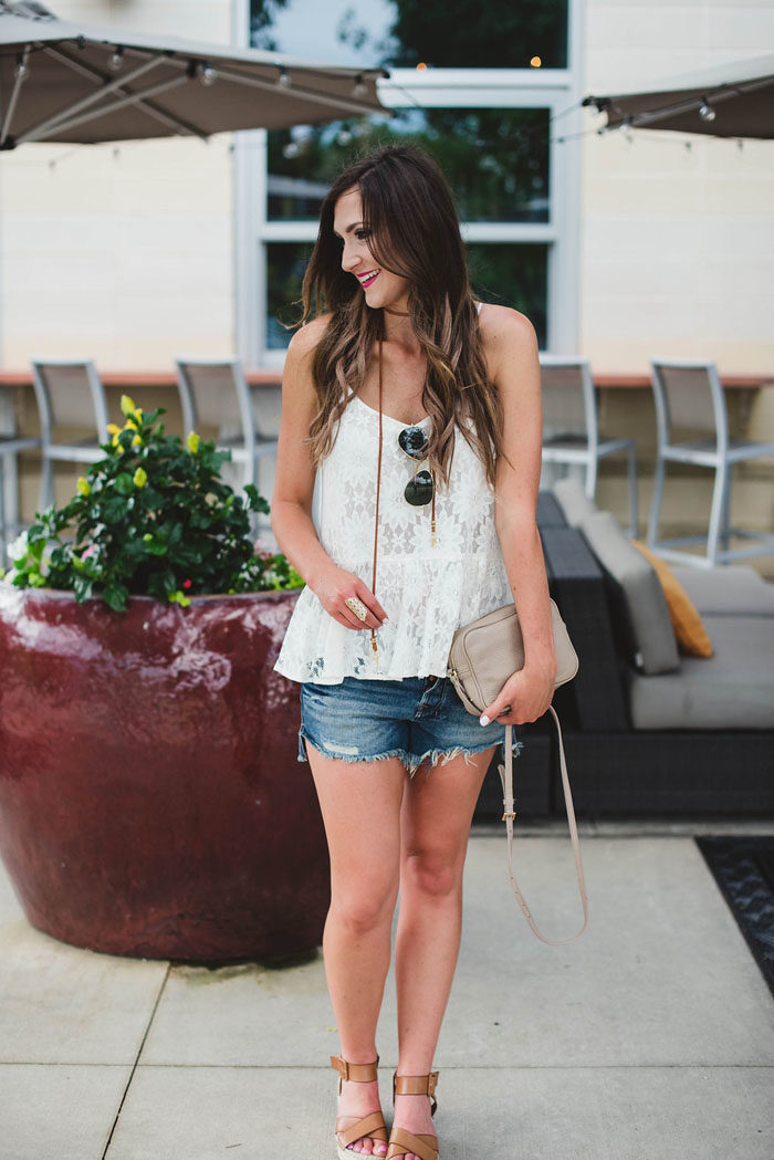 lace peplum top and denim shorts