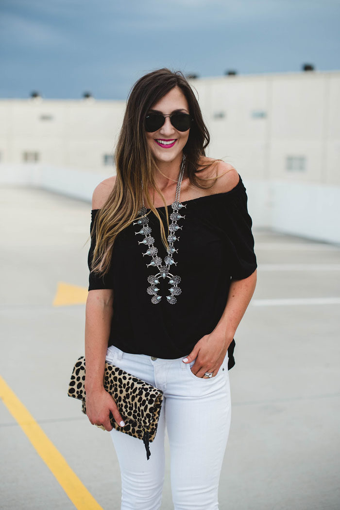 off the shoulder top and squash blossom necklace